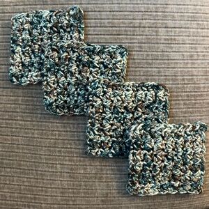 4 new square Handmade Crochet Coasters 100% cotton white/teal/gray